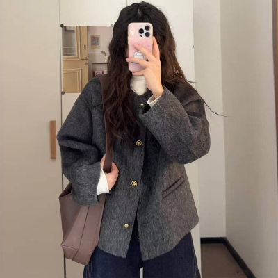 小个子韩系灰色百搭显瘦毛呢外套