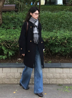 英伦老钱风双排扣收腰毛呢大衣