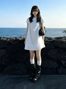 法式甜美风白色娃娃领连衣裙女夏季小个子短袖减龄显瘦小众白裙
