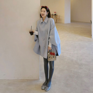 温柔风蓝色毛呢外套女双排扣翻领斗篷中长款呢子大衣减龄