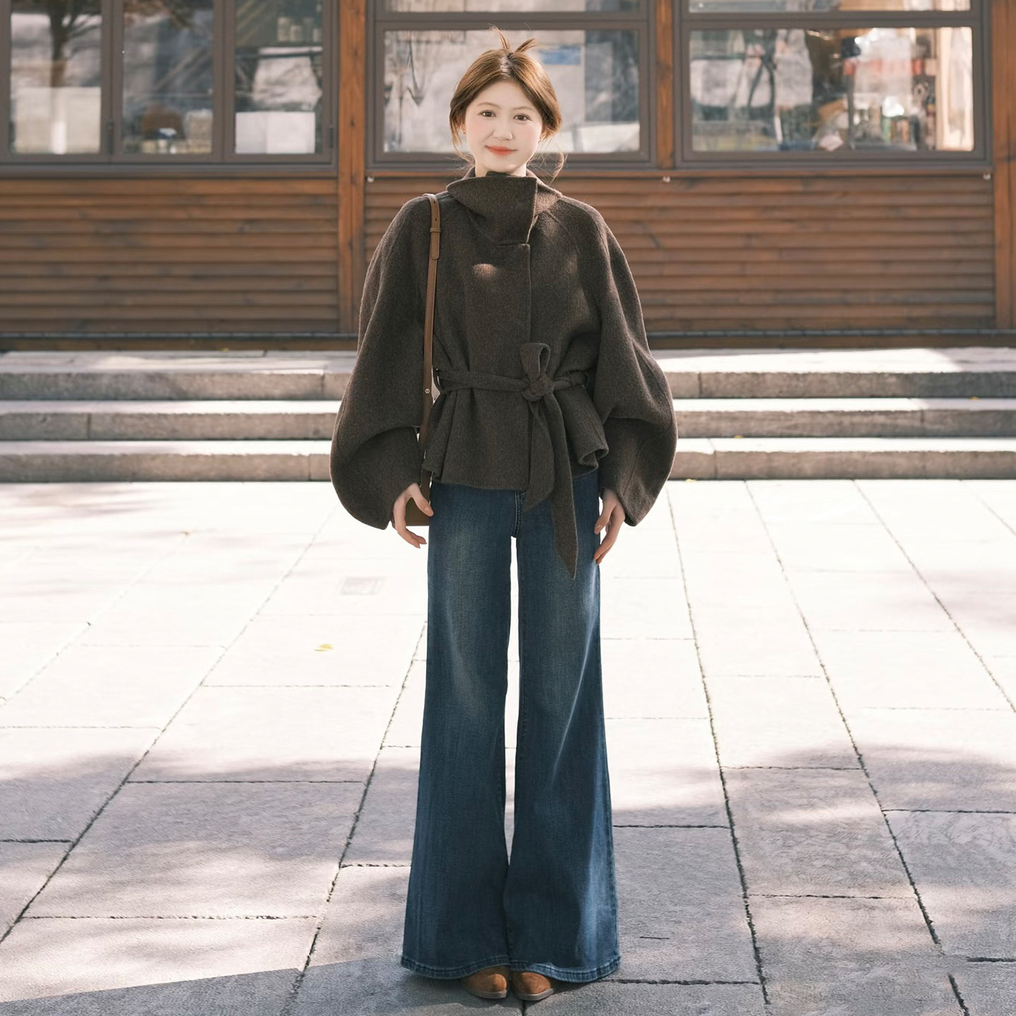 韩系复古深咖色高领毛呢外套女秋冬季小个子系带收腰显瘦呢子大衣,女装/女士精品,毛呢外套,淘宝优惠券,粉丝福利购,淘宝优惠卷