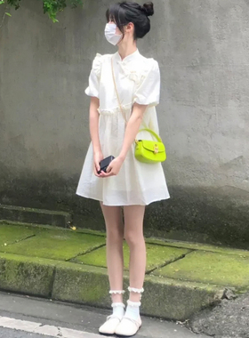 小个子新中式白色连衣裙女夏轻国风复古中长裙设计感小众旗袍裙子