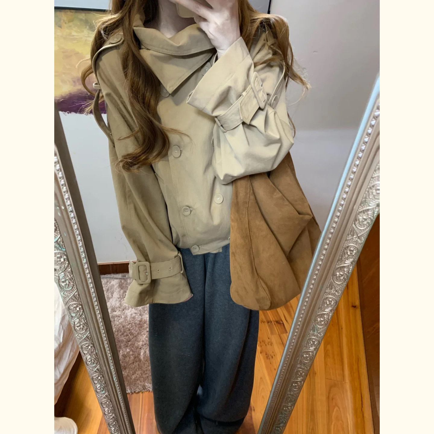 慵懒风立领双排扣风衣女显高减龄图片