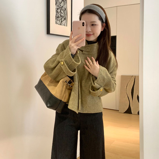 韩版复古立领绿色毛呢外套女秋冬装小个子短款设计感时尚呢子上衣