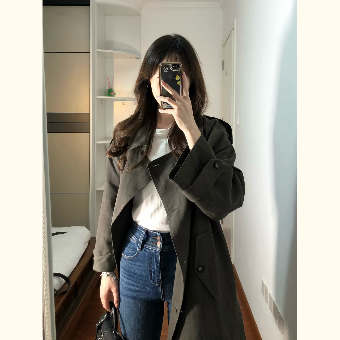 韩系大翻领风衣女中长款橄榄绿双排扣高级感小个子外套