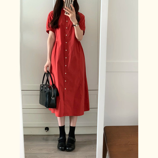 法式复古红色衬衫连衣裙女夏季新款高级感气质宽松显瘦中长裙子