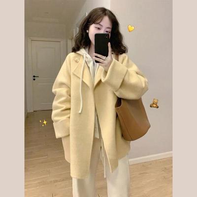 毛呢外套斗篷黄色呢子大衣短款