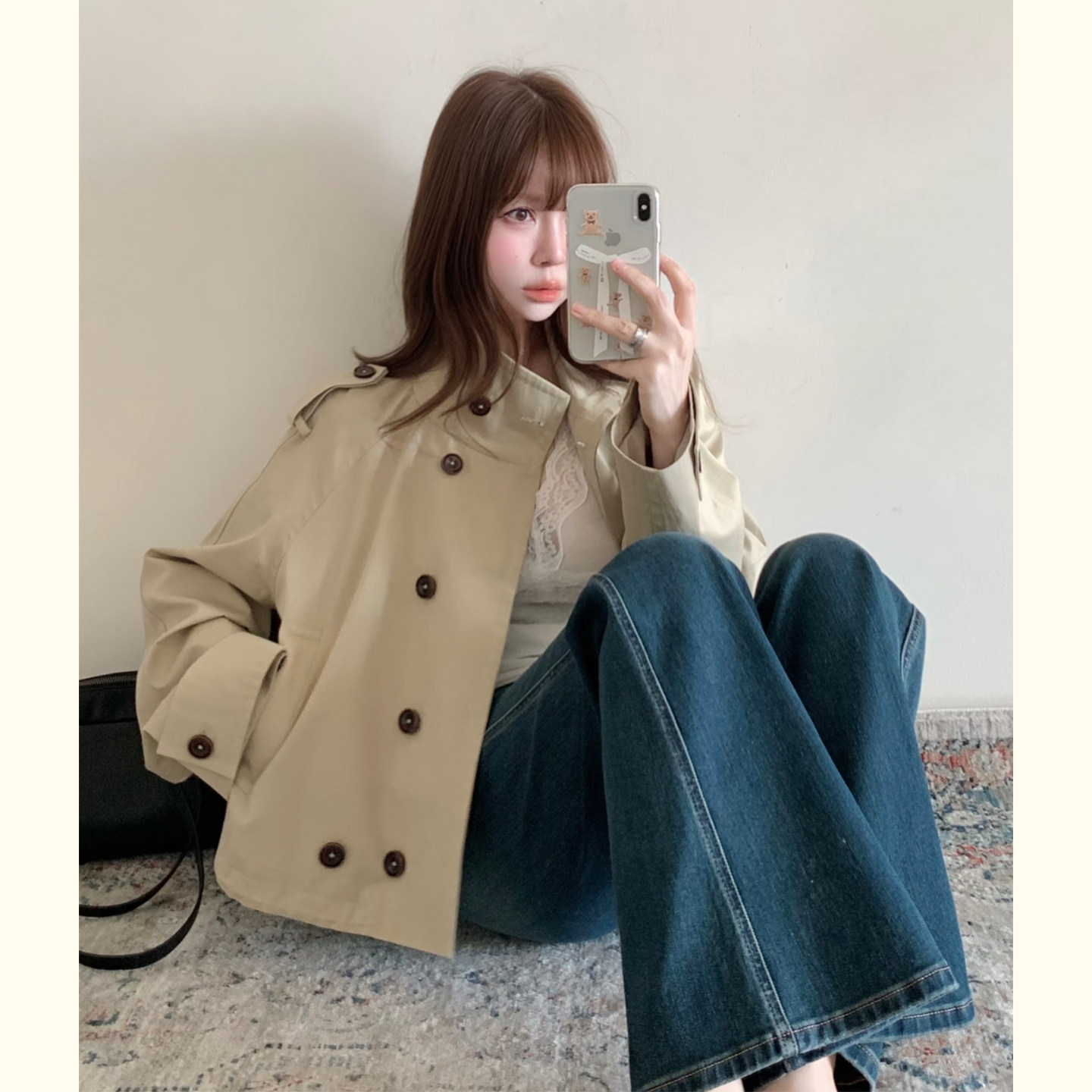 卡其色短款双排扣风衣女小个子图片