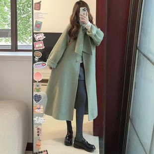 高级感蝴蝶结系带单排扣绿色毛呢外套女秋冬装 小个子呢子大衣 韩版