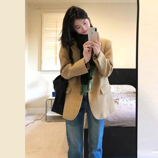 复古黄色廓形西装毛呢外套女冬季新款短款西服呢子大衣小个子上衣