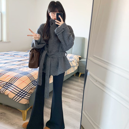 韩系赫本风灰色系带收腰毛呢外套