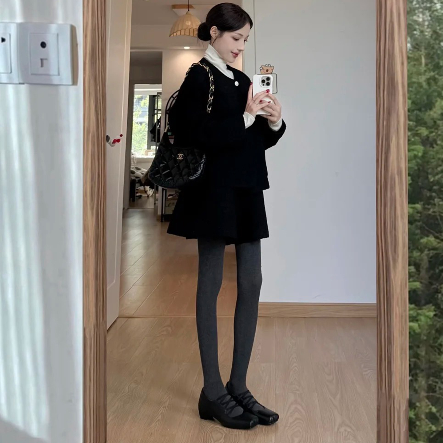 老钱风黑色毛呢外套短裤显瘦套装