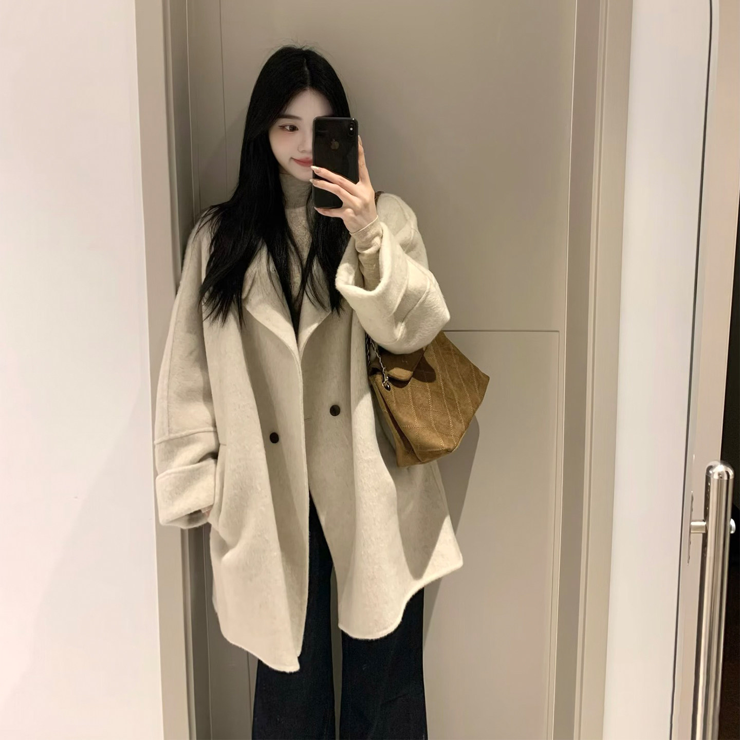 韩系米白色毛呢外套中长款女秋冬季系带收腰显瘦百搭呢子大衣