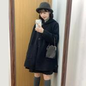 韩系中长款 特价 黑色斗篷连帽毛呢外套女冬季 小个子黑色呢子大衣