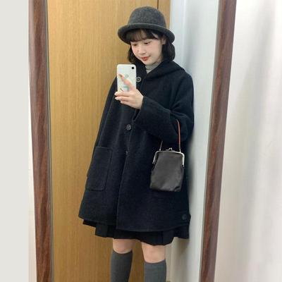 中长款黑色斗篷连帽宽松毛呢大衣