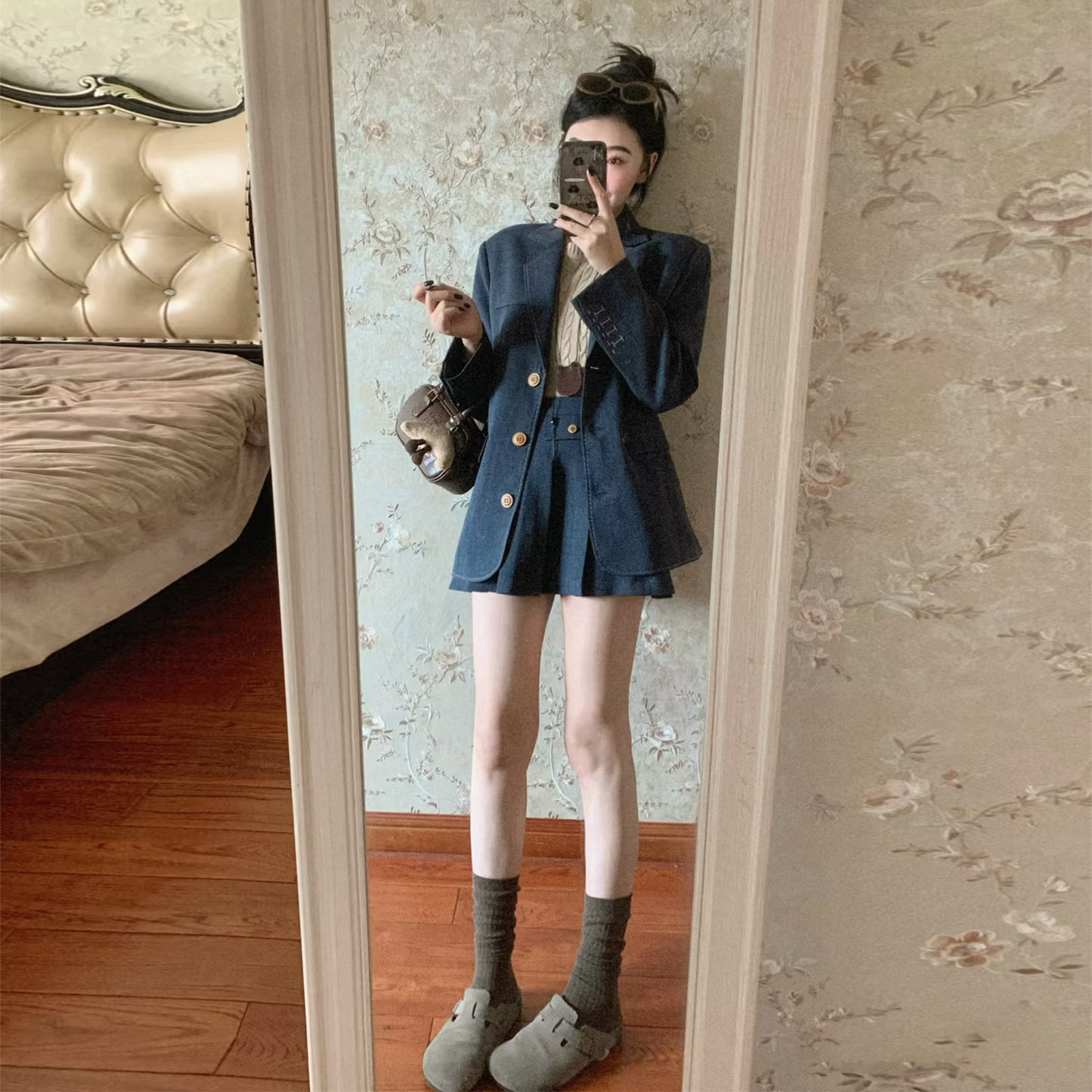 学院风藏青色单排扣西装外套女小个子通勤高级感西服设计休闲上衣