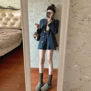 学院风藏青色单排扣西装外套百褶裙两件套女小个子通勤高级感套装