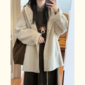 韩版 米白色连帽毛呢外套女秋冬小个子中长款 单排扣温柔风呢子大衣