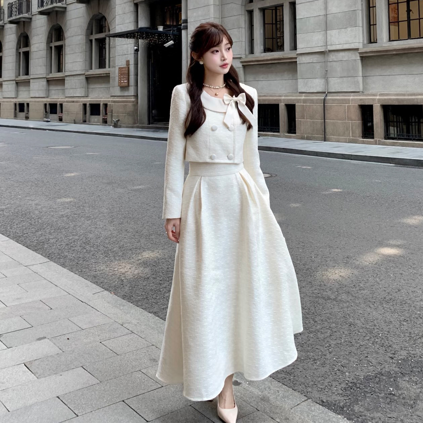 温柔风蝴蝶结圆领上衣半身裙套装