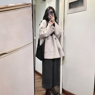 温柔慵懒风西装领毛呢外套女韩版中长款宽松小个子高级感呢子大衣