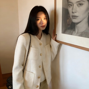 法式千金风小香风毛呢外套女小个子单排扣米白色金扣优雅气质上衣
