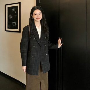 韩版复古格子毛呢外套女双小个子排扣西装领呢子大衣通勤气质百搭