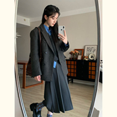 学院风灰色双排扣西装 毛呢外套女小个子复古通勤百搭高级感西服