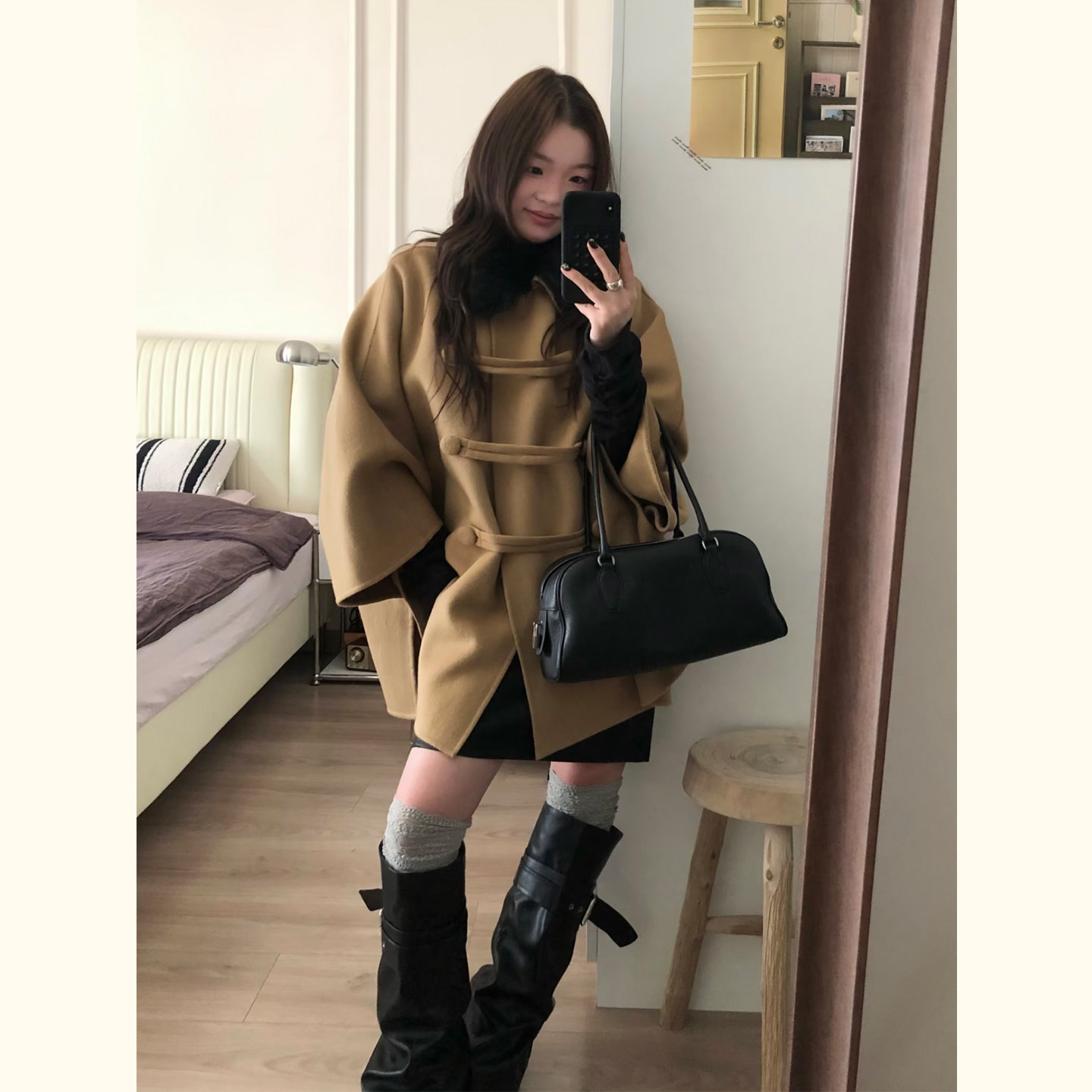 韩版宽松廓形毛呢外套女秋冬双排扣斗篷大衣小个子呢子外套
