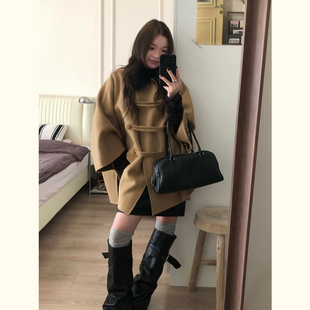 韩版宽松廓形毛呢外套女秋冬双排扣斗篷大衣小个子呢子外套