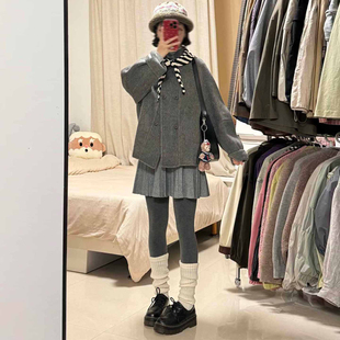 韩式 宽松慵懒双排扣百搭呢子大衣 休闲风灰色毛呢外套女小个子短款