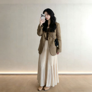 极简风秋叶黄毛呢西装 气质百搭通勤呢子上衣 外套女小个子中长款