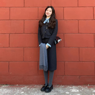 学院风毛呢套装女 短款西装外套高腰开叉半身长裙 秋冬两件套