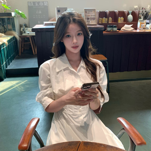法式气质白色Polo领衬衫裙女春夏季七分袖收腰显瘦轻熟优雅连衣裙