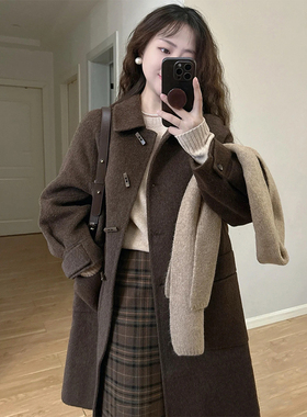 高级感咖色呢子大衣女秋冬装新款韩版牛角扣中长款小个子毛呢外套