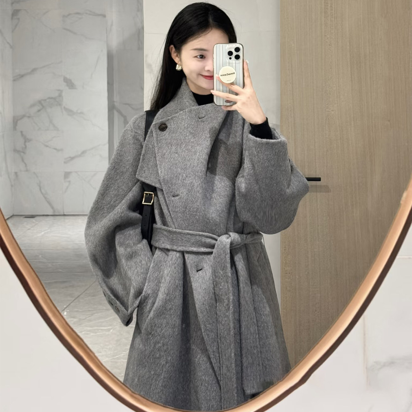 轻奢极简风灰色大翻领毛呢外套女秋冬装中长款系腰带气质呢子大衣