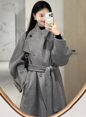 轻奢极简风灰色大翻领毛呢外套女秋冬装中长款系腰带气质呢子大衣