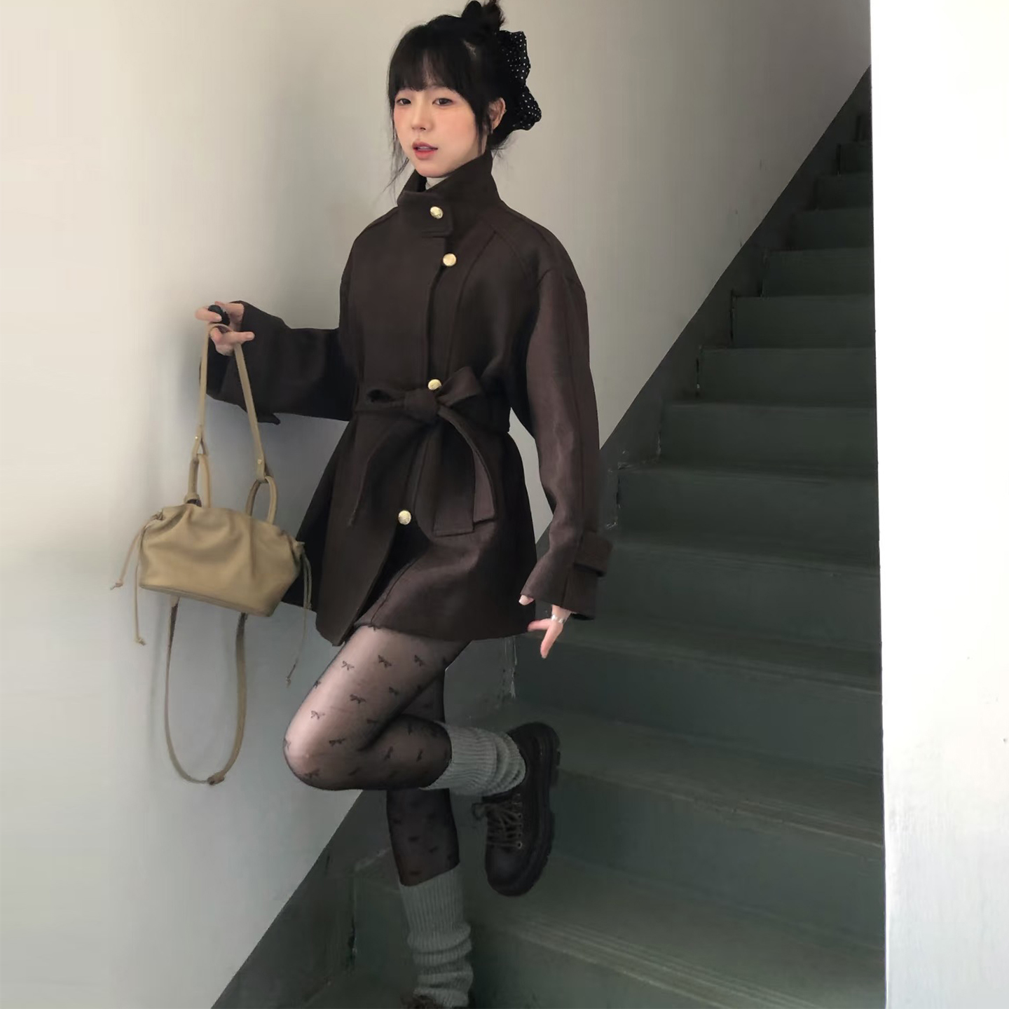 小个子韩系立领系带收腰毛呢外套