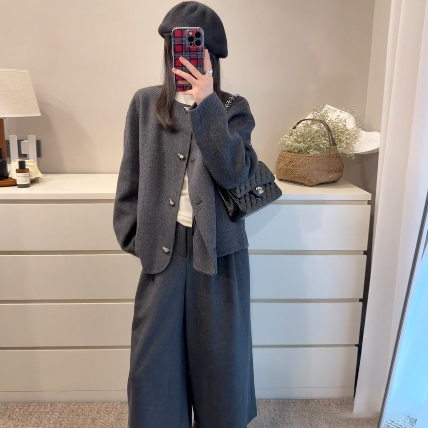 小个子复古休闲灰色呢子套装女