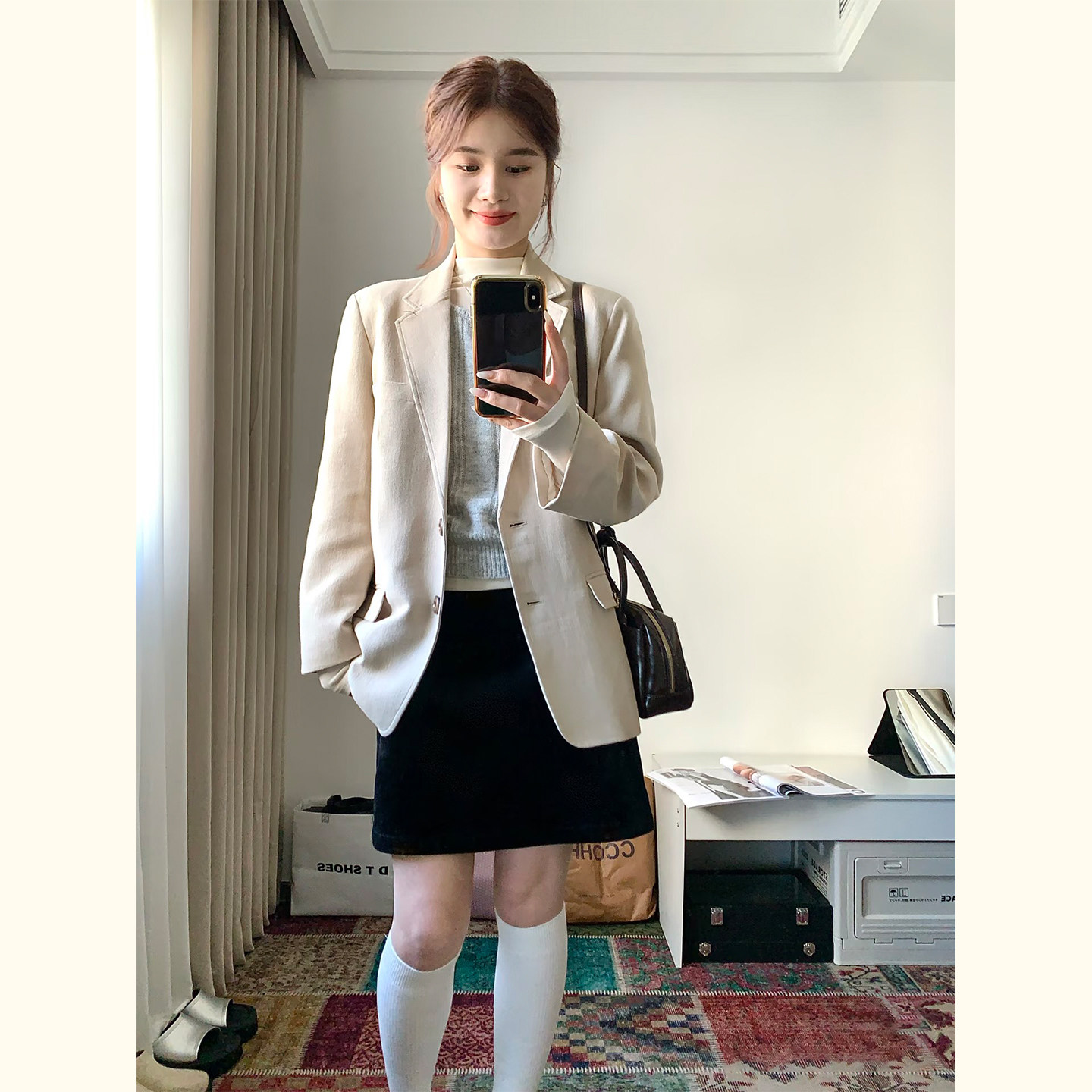 韩系质感杏色西装外套女小个子中长款宽松廓形慵懒风气质西服上衣