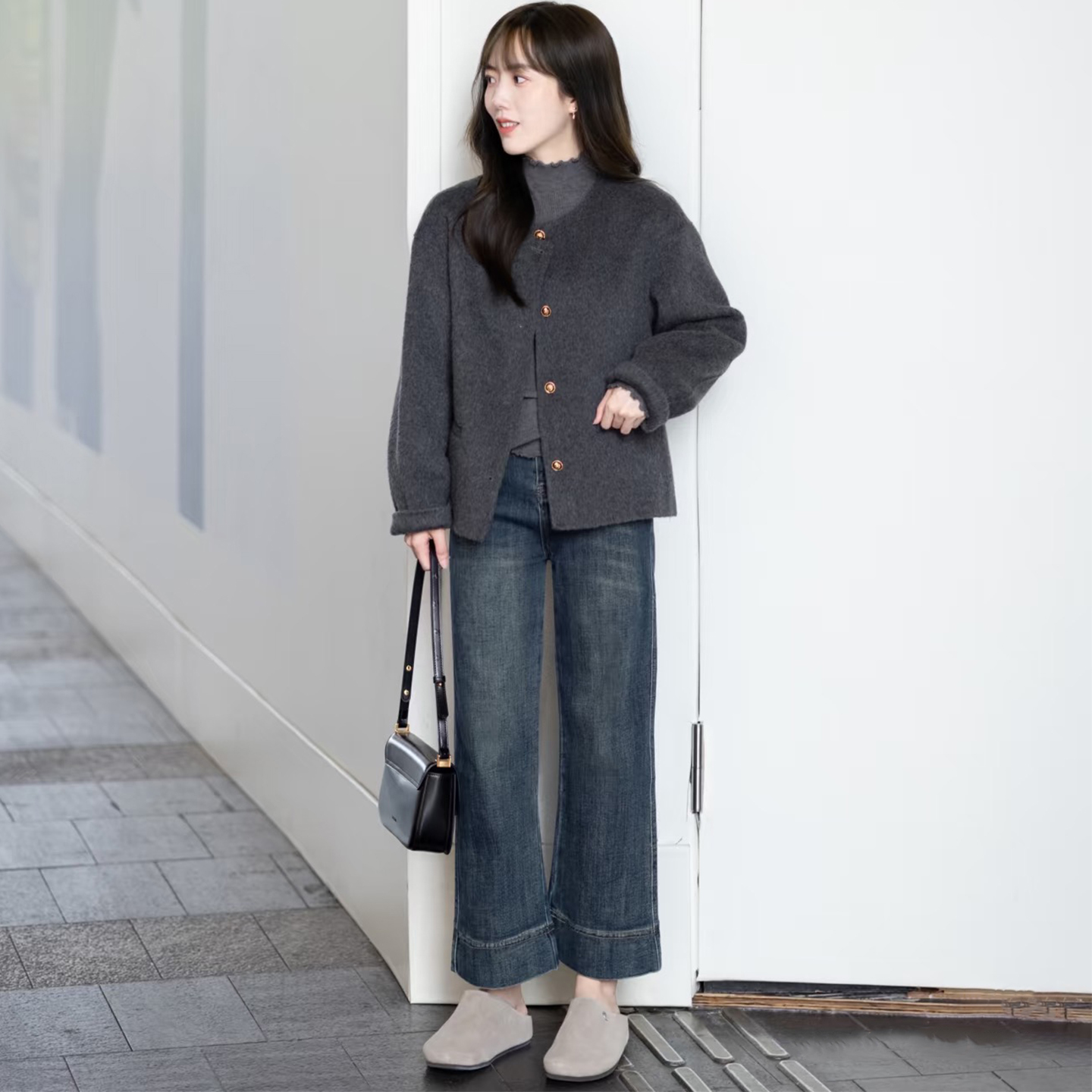 韩系灰色毛呢外套女秋冬新款