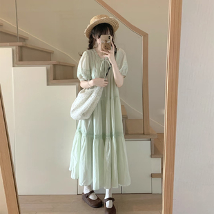 森系少女风薄荷绿连衣裙女夏季泡泡袖蕾丝宽松大摆蛋糕长裙