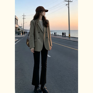 极简双排扣西装外套女职场通勤小个子显瘦卡其色西服