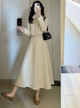 小香风白色毛呢外套A字半身裙套装女轻熟风小个子气质名媛两件套