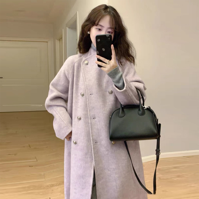韩系双排扣立领中长款毛呢外套