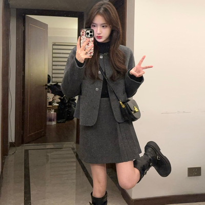 小香风灰色毛呢外套女小个子短款