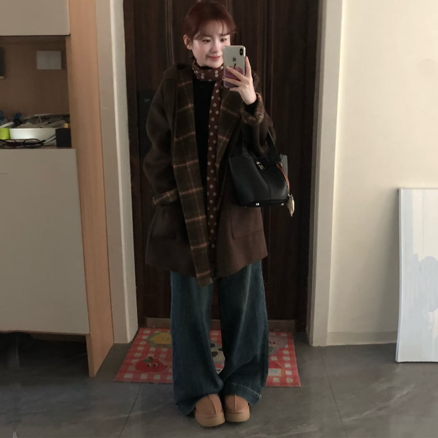 复古咖色中长款格纹撞色毛呢外套