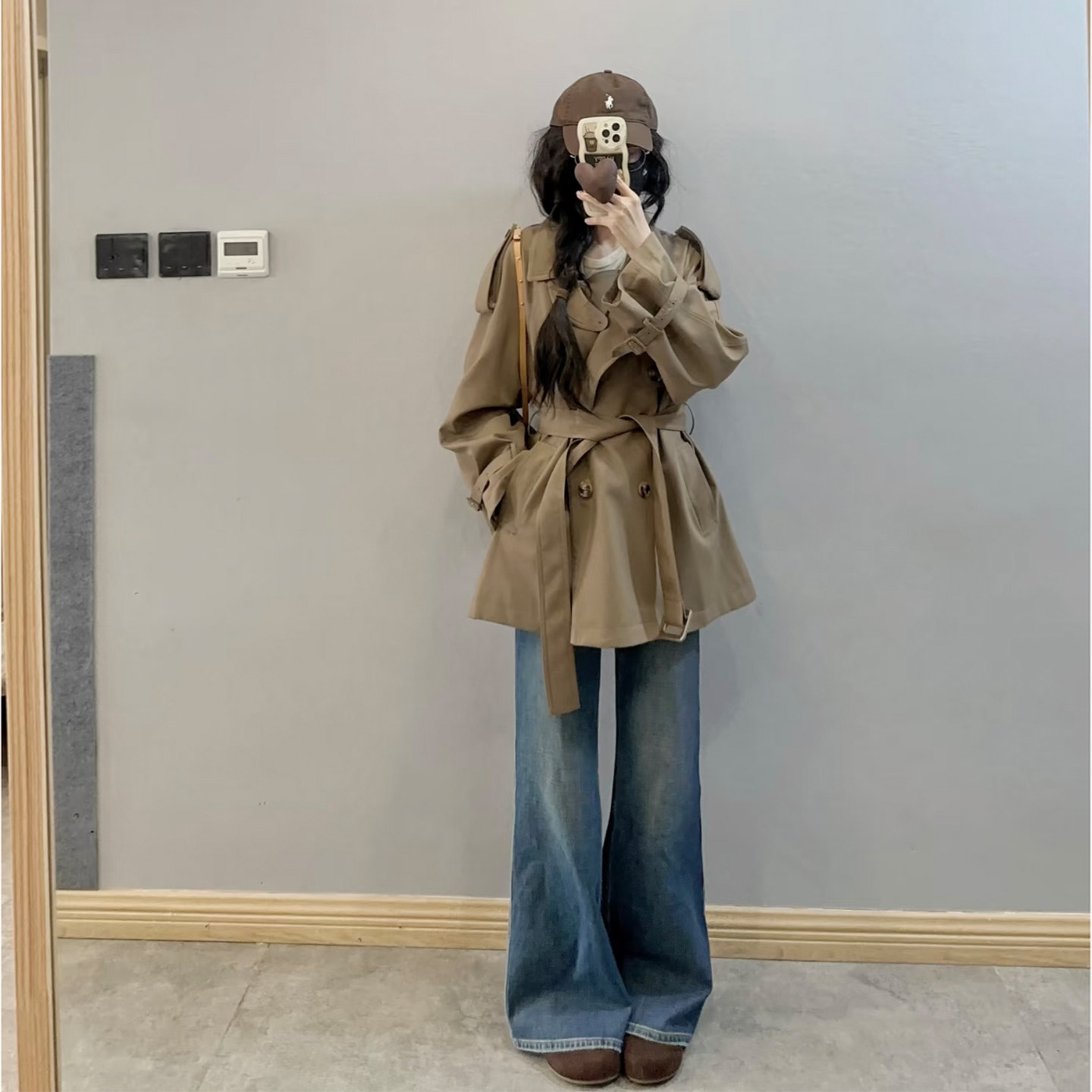 韩系卡其色大翻领双排扣风衣女中长款系带收腰显瘦小个子外套