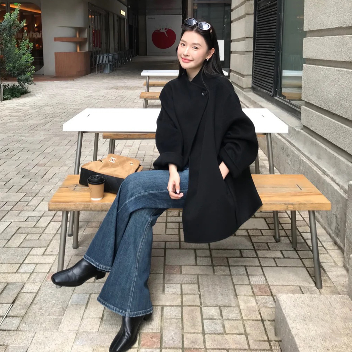 韩版立领黑色休闲百搭毛呢外套