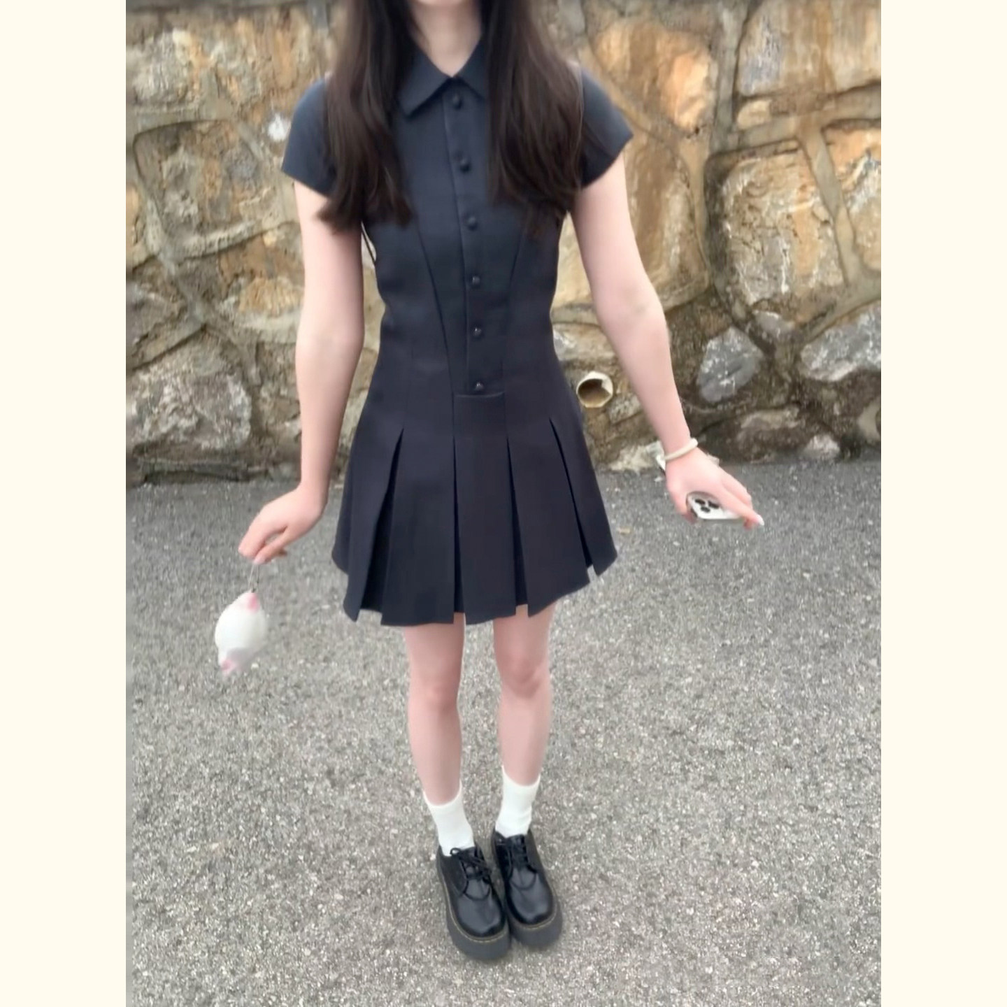 学院风polo领衬衫连衣裙女深灰A字百褶短裙小个子收腰显瘦掐腰群