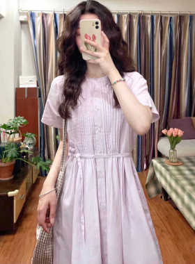 女夏新款紫色纯棉休闲宽松中长款小个子衬衫短袖收腰显瘦连衣裙子